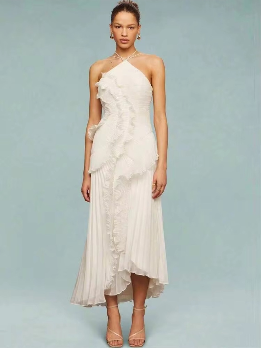 Women White Halter Pleated Ruffle Maxi Dress - Picture 2 of 3